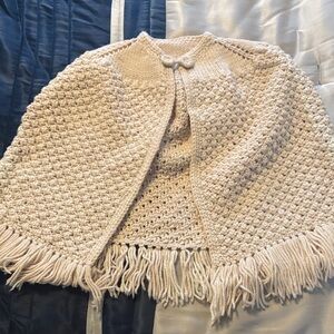 Cream Knit Fringe Cape